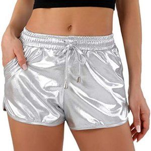 NWOT POSHDIVA SILVER METALLIC DRAWSTRING SHORTS - SIZE 10-12